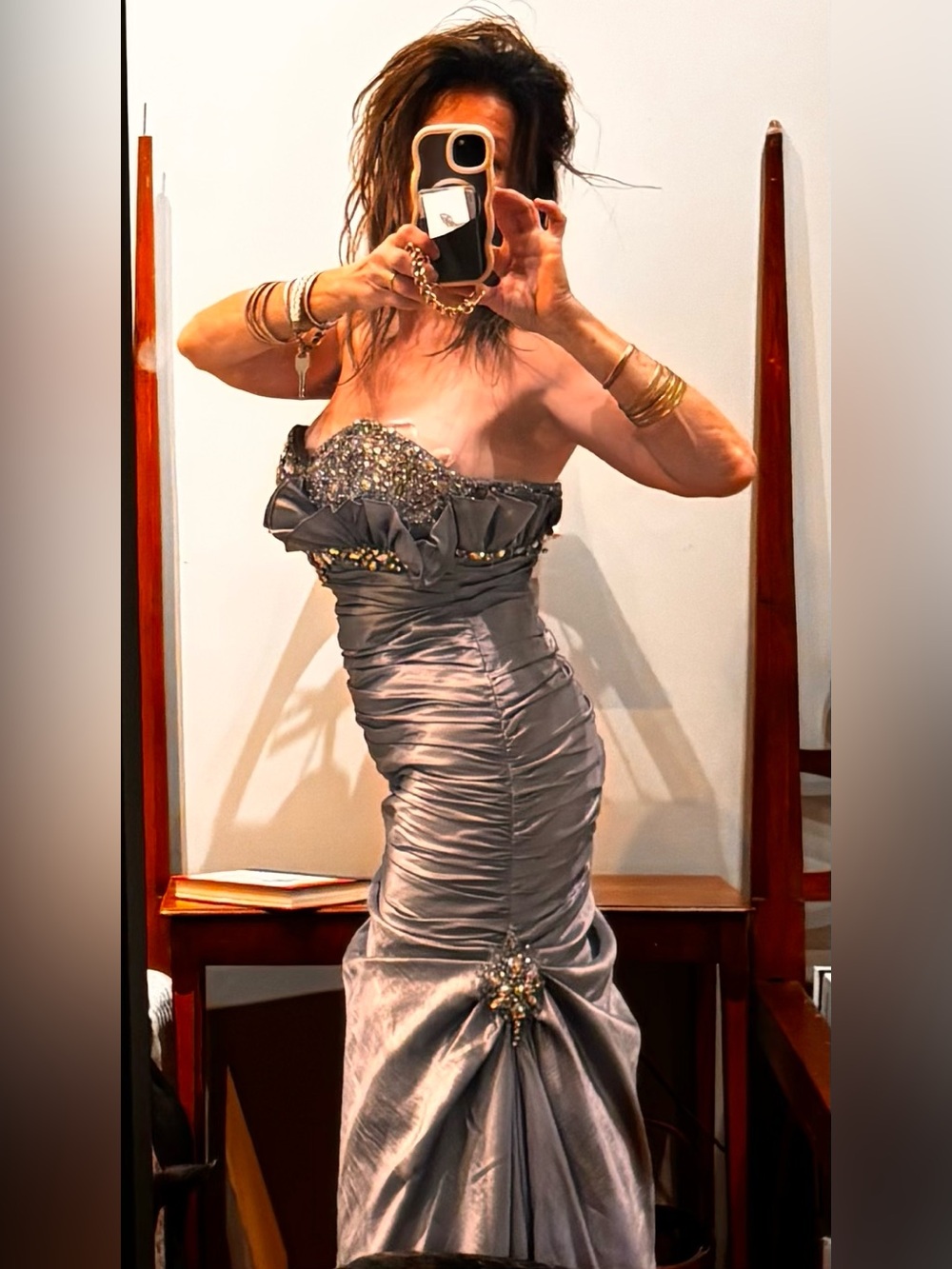 Strapless pewter tone Silver Evening Gown with Embellished Bodice show stopper